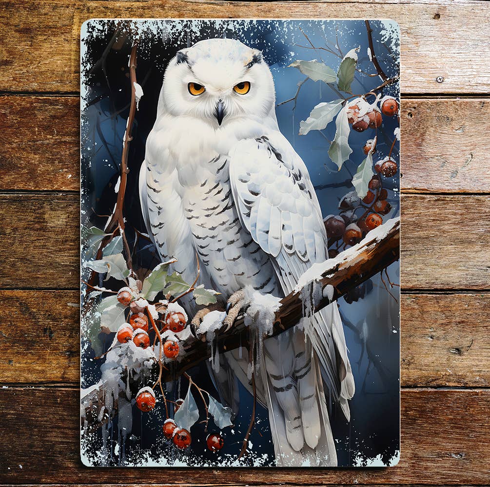 Snowy Owl Wildlife Woodland Bird Art Metal Sign Plaque
