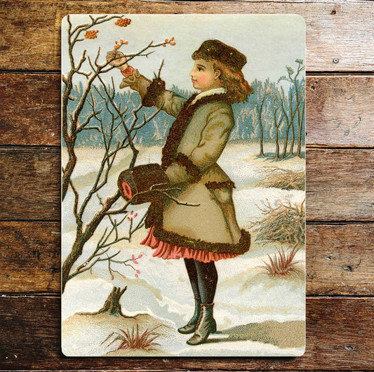 Vintage winter Christmas girl Wall | Metal Sign Plaque