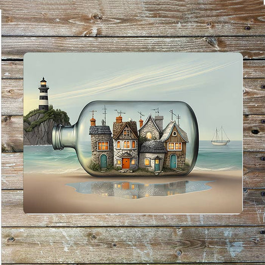 surreal Coastal Scene In Bottle Nautical Metal Sign Plaque