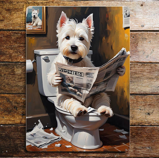 westie dog On the Toilet, Bathroom | Metal Sign