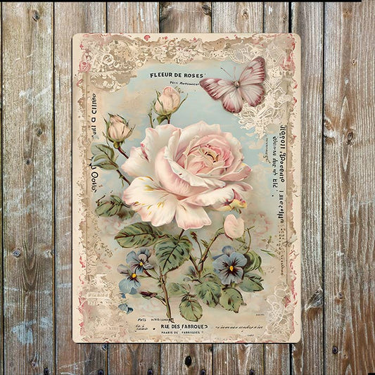 Vintage Blooming Floral Pink Rose Aged | Metal Sign Plaque