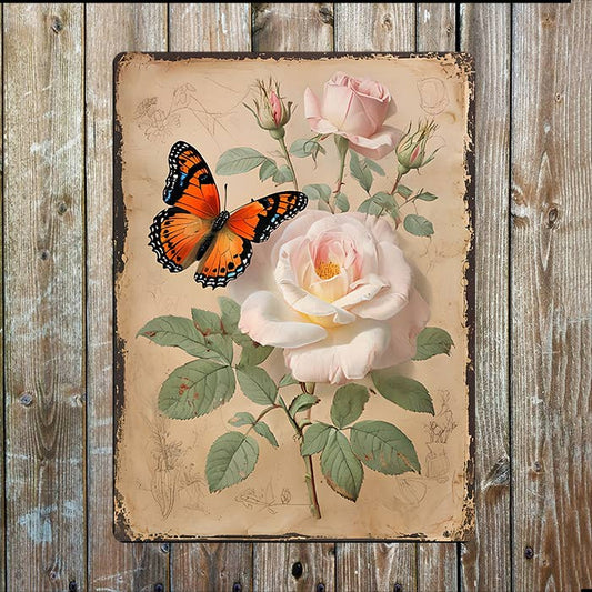 Vintage Floral Pink Roses and Butterfly | Metal Sign Plaque