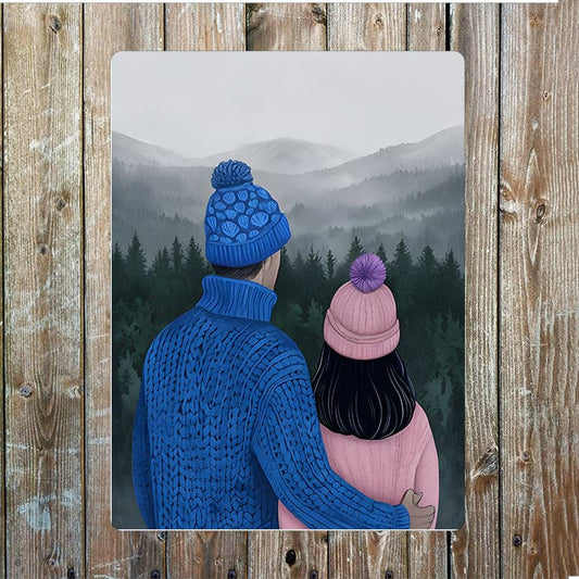 Couple Embracing By Misty Forest Mountain | Metal Sign Plaque