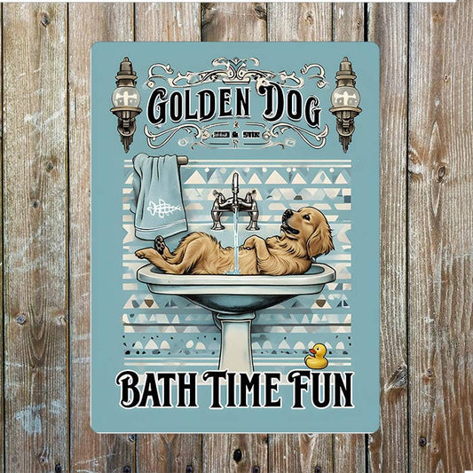 Bath Time Fun Golden Dog Bathroom | Metal Sign Plaque