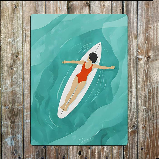 Person Relaxing on Surfboard Sea Metal Sign Plaque