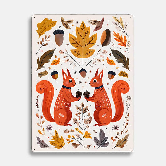 Squirrels Leaves Acorn scandinavian folk Metal Sign Plaque