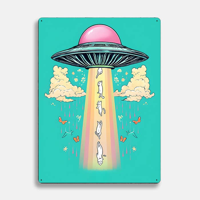Floating Cats Alien UFO | Metal Sign Plaque