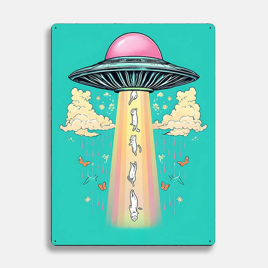 Floating Cats Alien UFO | Metal Sign Plaque