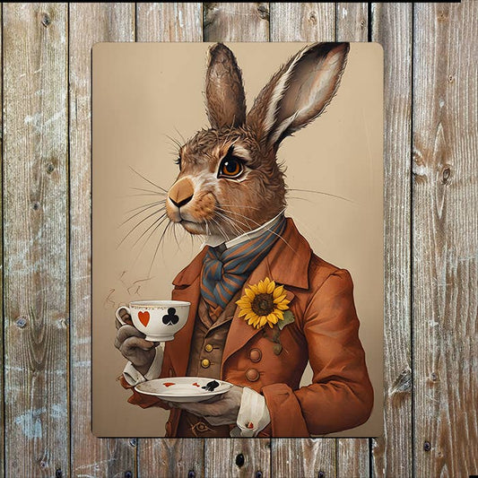 Hare In Vintage Clothing Drinking Tea | Metal Sign Plaque
