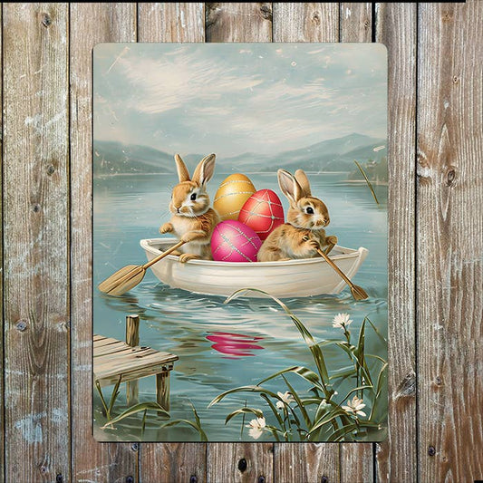 Vintage Easter Rabbits Rowing A Boat Eggs | Metal Sign Plaque