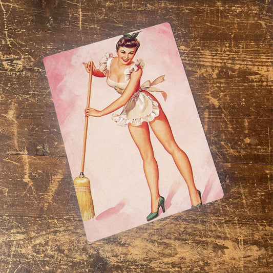 Pinup Girl Sweeping Cleaning Metal Pin Up Wall Sign