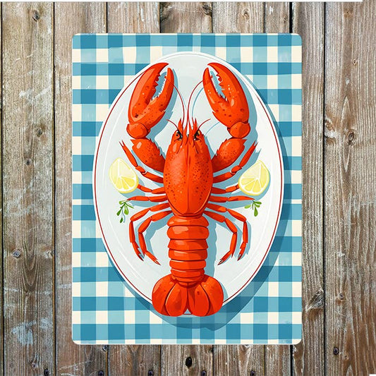 Lobster on Oval Plate with Lemon Wedges | Metal Sign Plaque