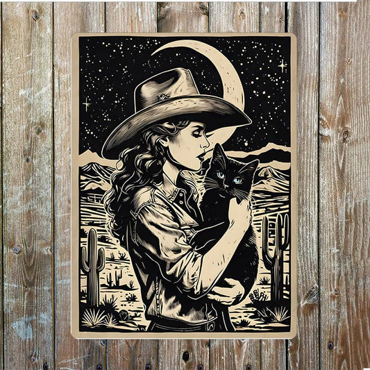 Cowgirl Cat Night | Western | Metal Sign Plaque