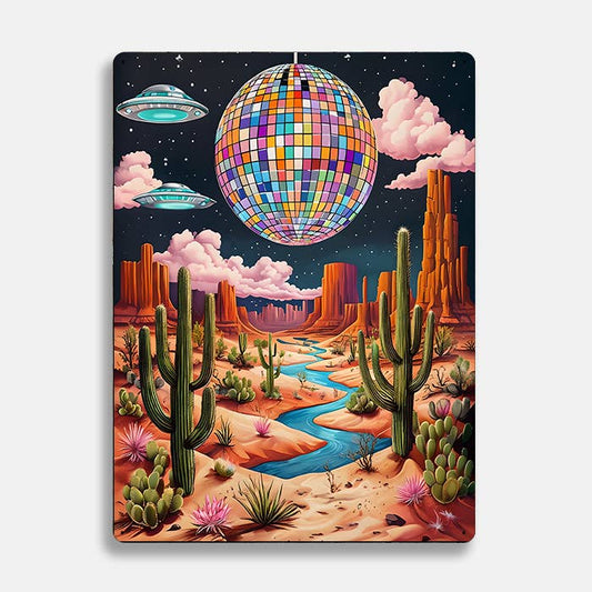 Desert Landscape Disco Ball Alien UFO | Metal Sign Plaque