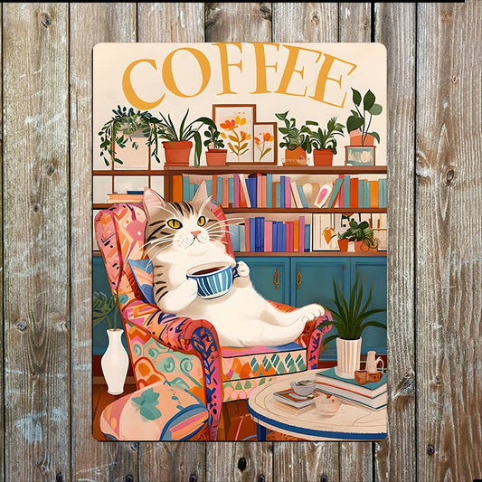 Coffee | Cosy Indoor Cat Relaxing | Metal Sign Plaque