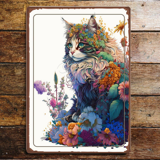 Floral Mature Cat Art | Metal Sign Plaque