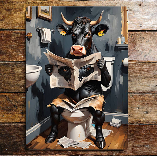 Angus Cow on Toilet Farm Animal Funny | Metal Sign Plaque