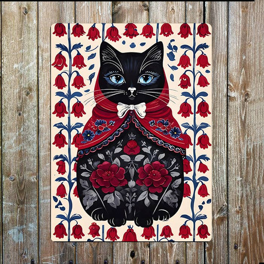 Black Cat Matryoshka Doll Floral Folk | Metal Sign Plaque