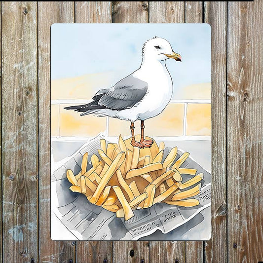 Seagull Stood On Chips Sea Nautical Metal Sign Plaque