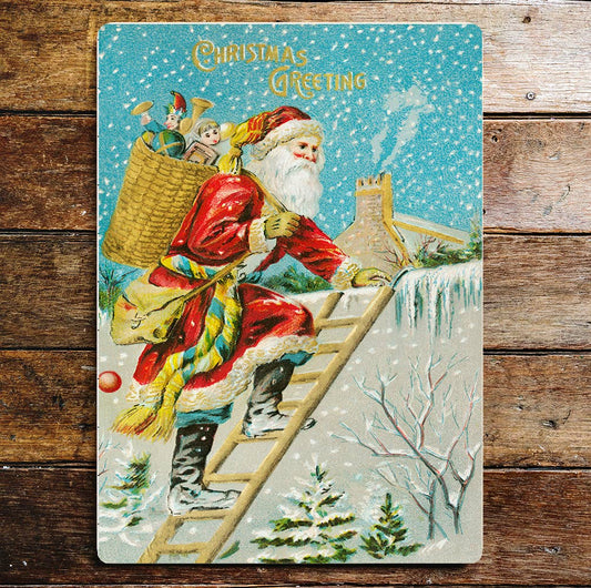 Vintage Santa Christmas ladder Wall | Metal Sign Plaque