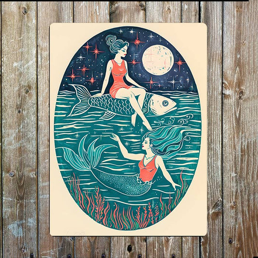 Surreal Linocut Style Ocean Sea Nautical Metal Sign Plaque