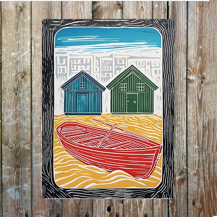 Rowboat And Colorful Beach Linocut Style Metal Sign Plaque