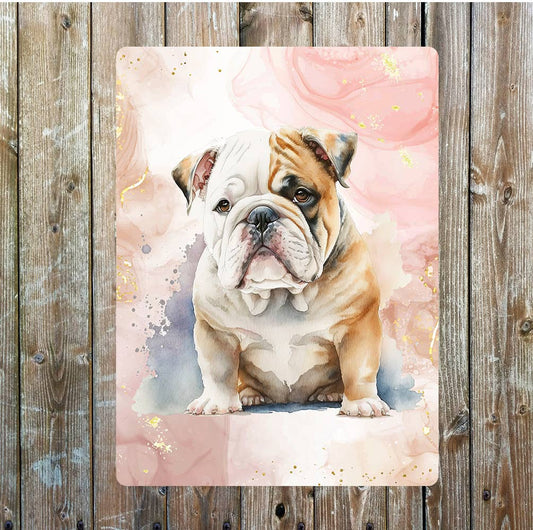 Cute Sitting English Bulldog Portrait | Metal Sign Plaque