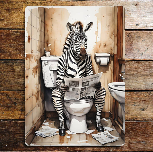 Zebra Reading On the Toilet Bathroom | Metal Sign