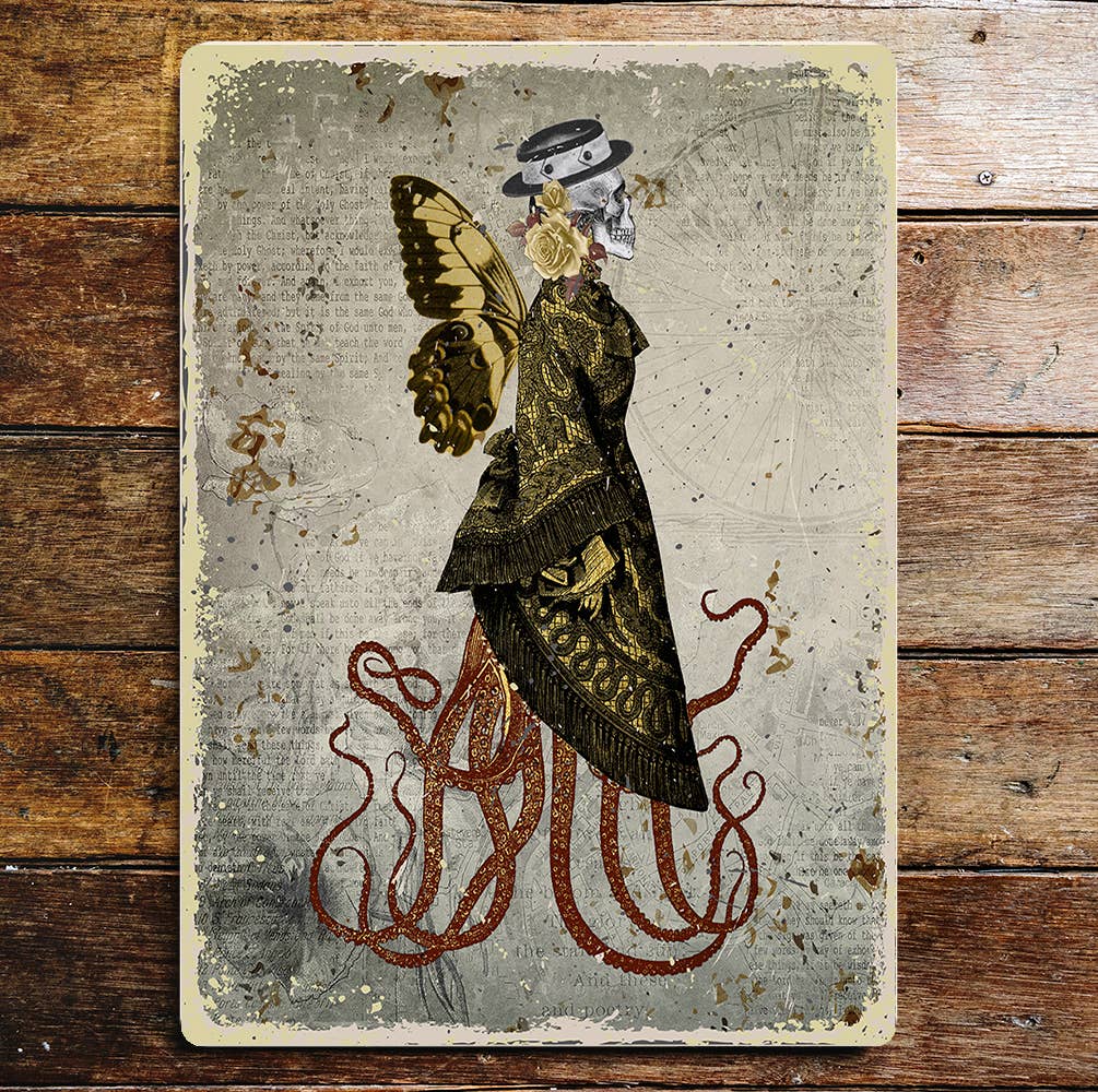 Skull Octopus Legs Butterfly Wings Dress Metal Sign Plaque