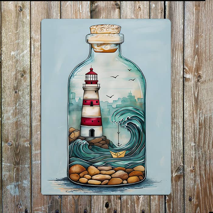 Lighthouse in A Bottle Sea Nautical | Metal Sign Plaque
