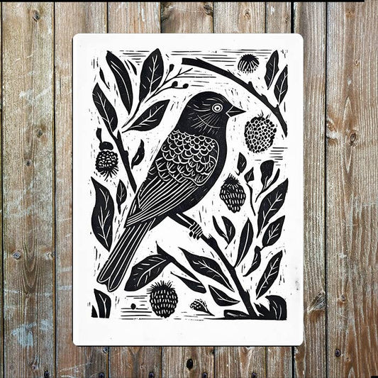 Bird Branch Botanical Linocut Style | Metal Sign Plaque
