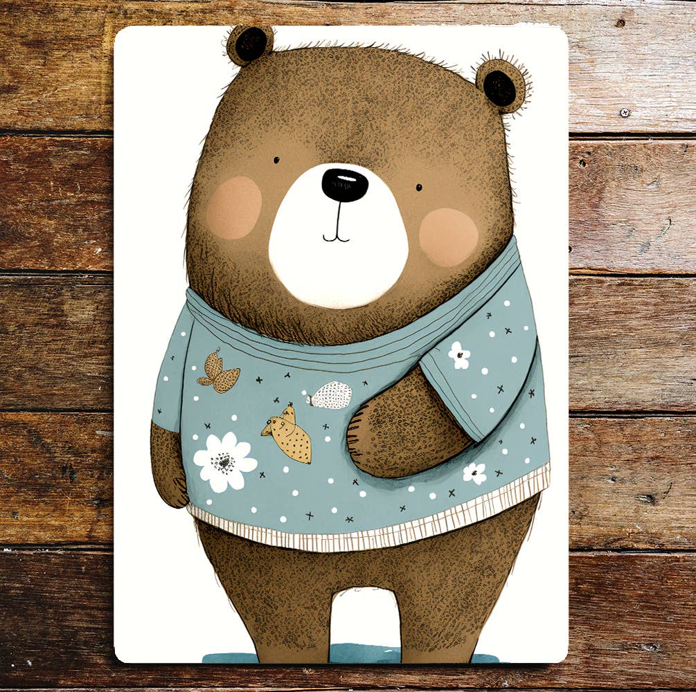 Cute Chubby Bear Pattern Blue Jumper | Metal Sign Plaque