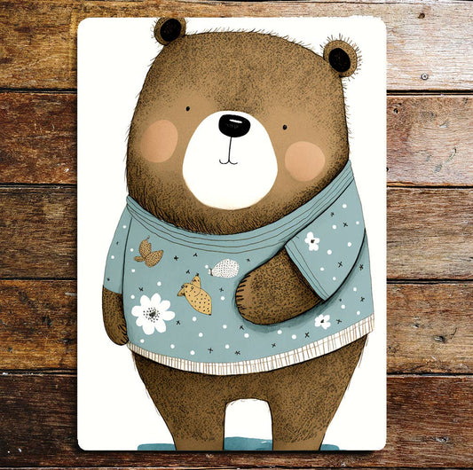 Cute Chubby Bear Pattern Blue Jumper | Metal Sign Plaque