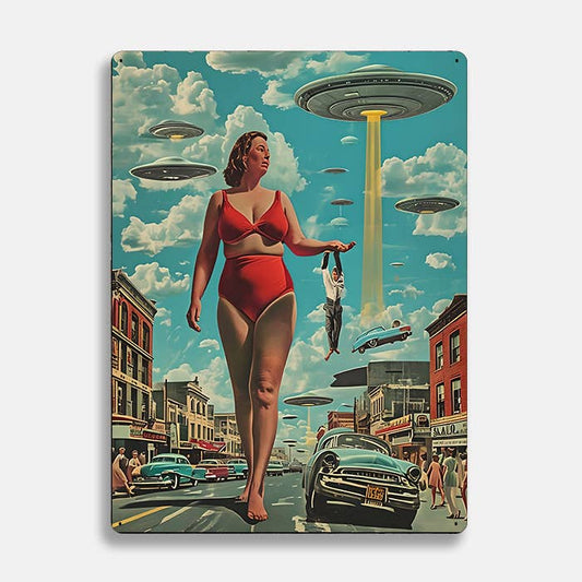Surreal Woman Urban Landscape UFO Alien Metal Sign Plaque