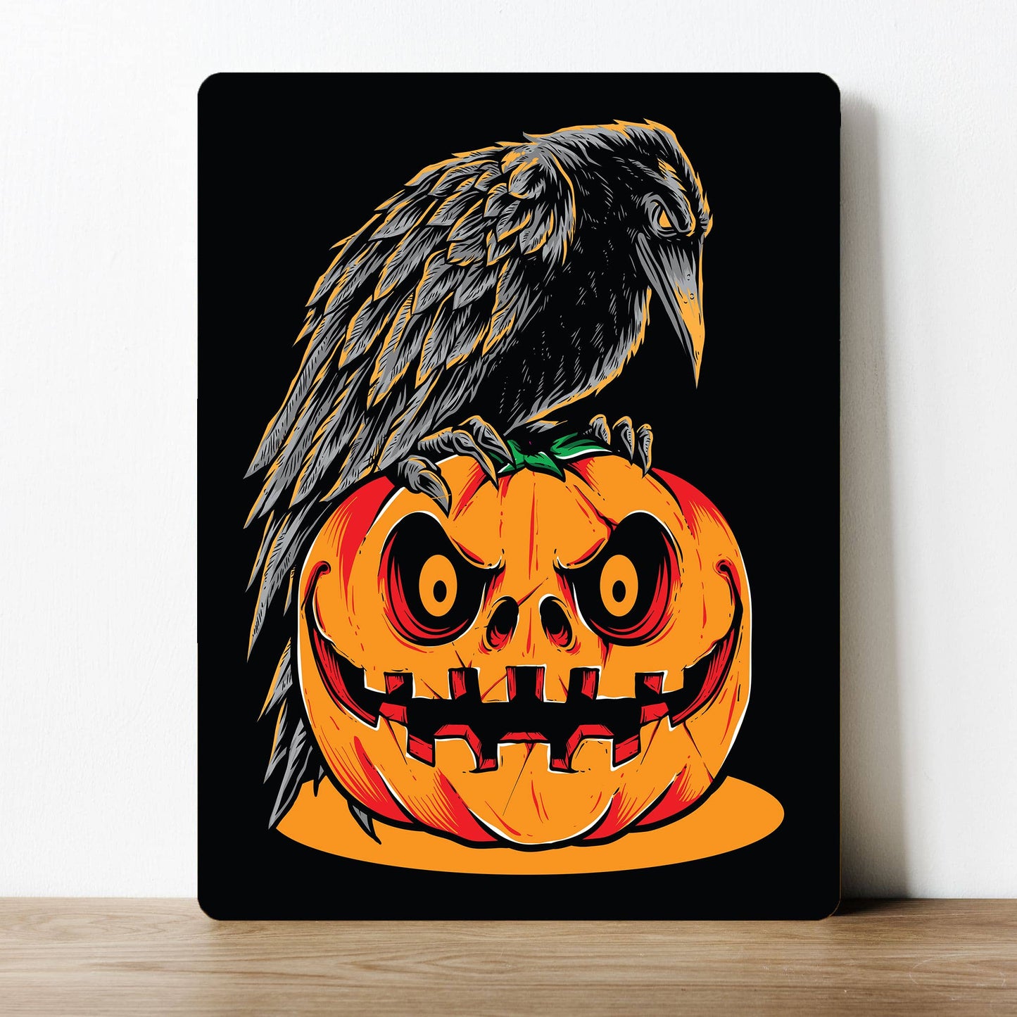 Horror Pumpkin and Crow Halloween | Metal Sign Plaque