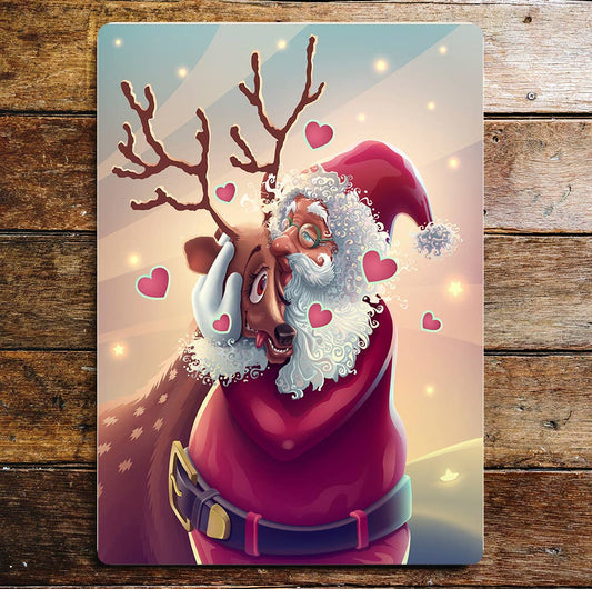Santa Reindeer Hearts Cute Christmas Metal Wall Sign