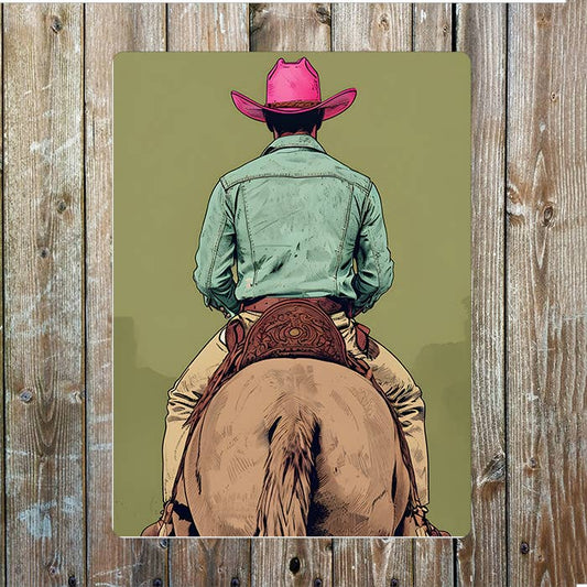Cowboy Riding Away Horse | Western | Metal Sign Plaque