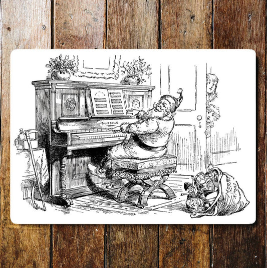 Santa Piano Black & White Christmas Metal Wall Sign