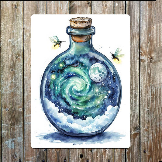 Watercolor Bottle Cosmic sky Sea Nautical | Metal Sign Plaque
