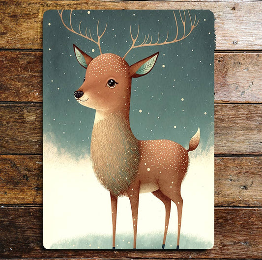 Cute Deer Portrait Antlers Snow Sky | Metal Sign Plaque