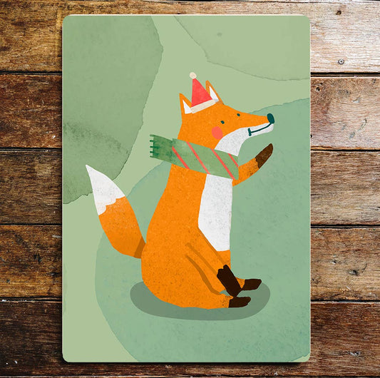 Cartoon Fox Christmas Hat Scarf Cute | Metal Sign Plaque