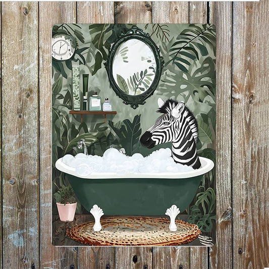 Zebra Bathe In Vintage Green Bathtub | Bathroom| Metal Sign Plaque