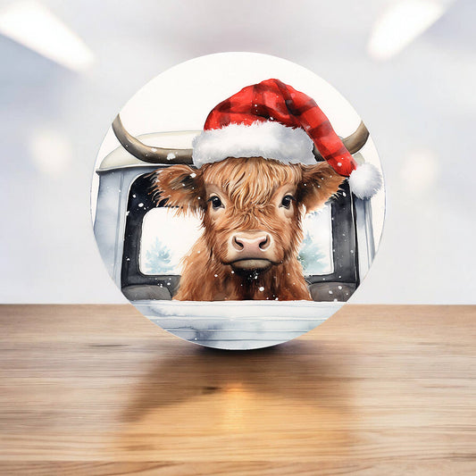 Highland Cow Cute Baby Christmas Cute Circle Metal Sign