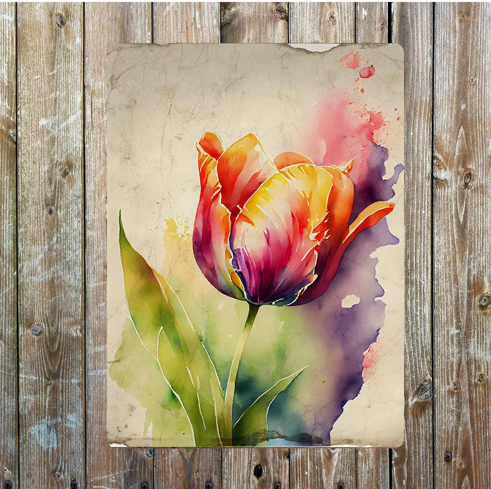 Purple Red Yellow Tulip Flower Portrait Metal Sign Plaque