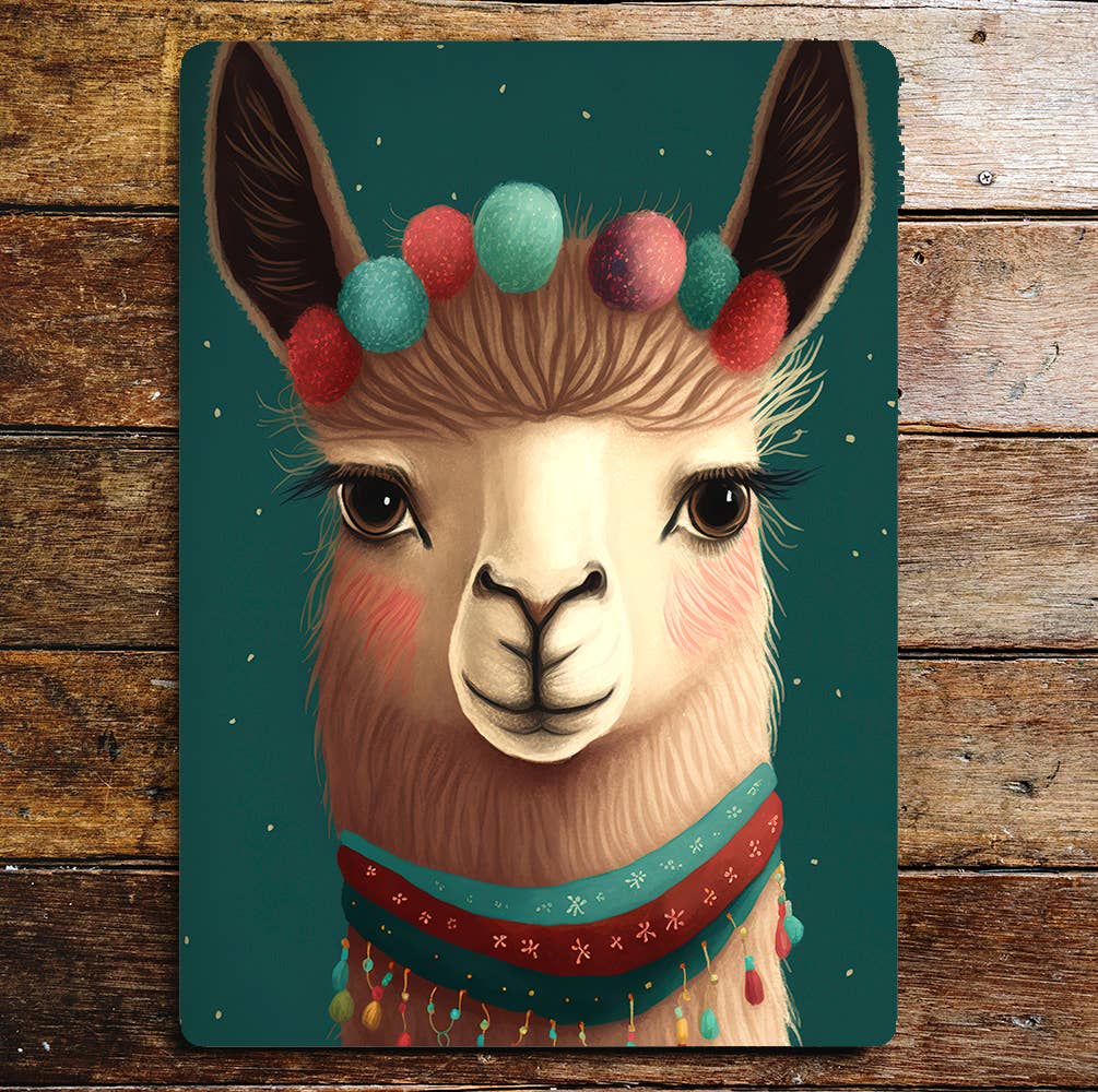Cute Smiling Llama Head Portrait Pompoms | Metal Sign Plaque
