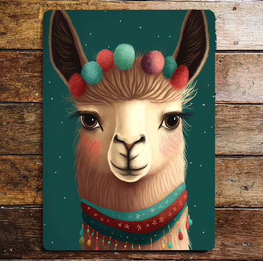 Cute Smiling Llama Head Portrait Pompoms | Metal Sign Plaque