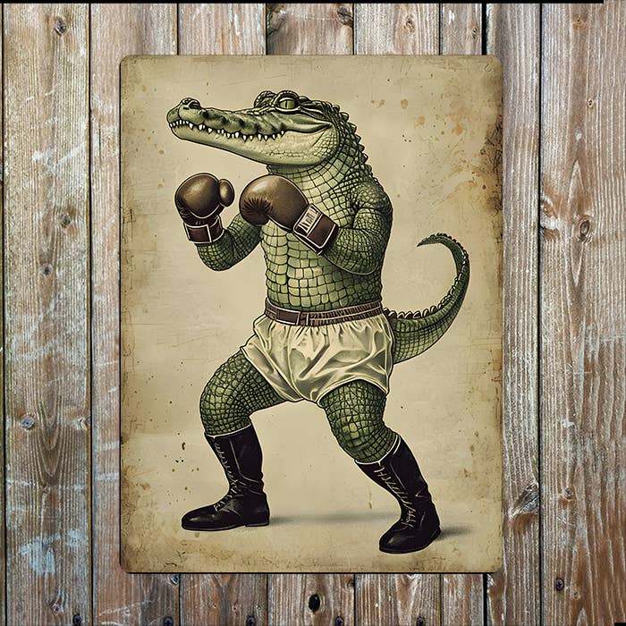 Illustration Of An Alligator In A Boxing | Metal Sign Plaque