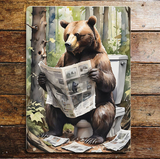Bear on the Toilet Newspaper Jungle | Metal Sign Plaque