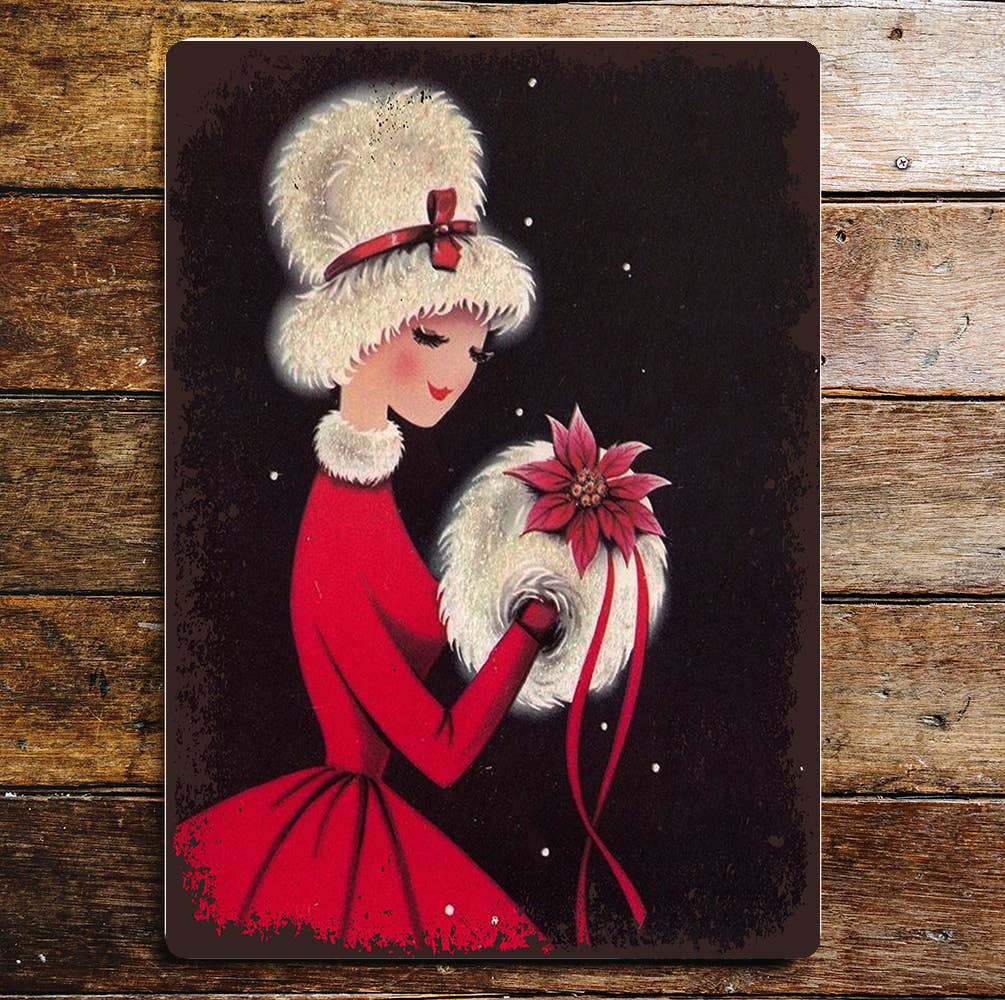 Lady Red Dress Hand Warmer Matching Hat | Metal Sign Plaque