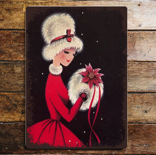 Lady Red Dress Hand Warmer Matching Hat | Metal Sign Plaque